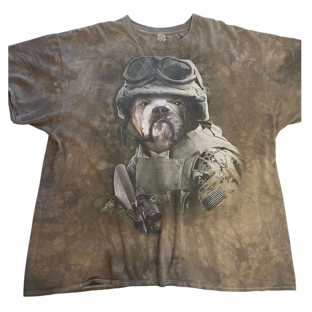 The Mountain Mens Cotton Y2K Green Tie Dye Bull Dog Army Graphic Tee Size 2XL